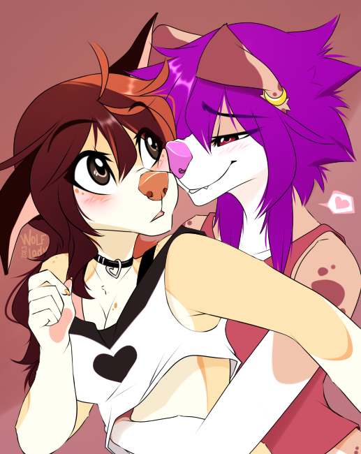 2023 anthro breasts brown_hair canid canine canis clothed clothing digital_media_(artwork) domestic_dog duo embrace eyebrows eyelashes female hair hug mammal purple_hair smile wolflady