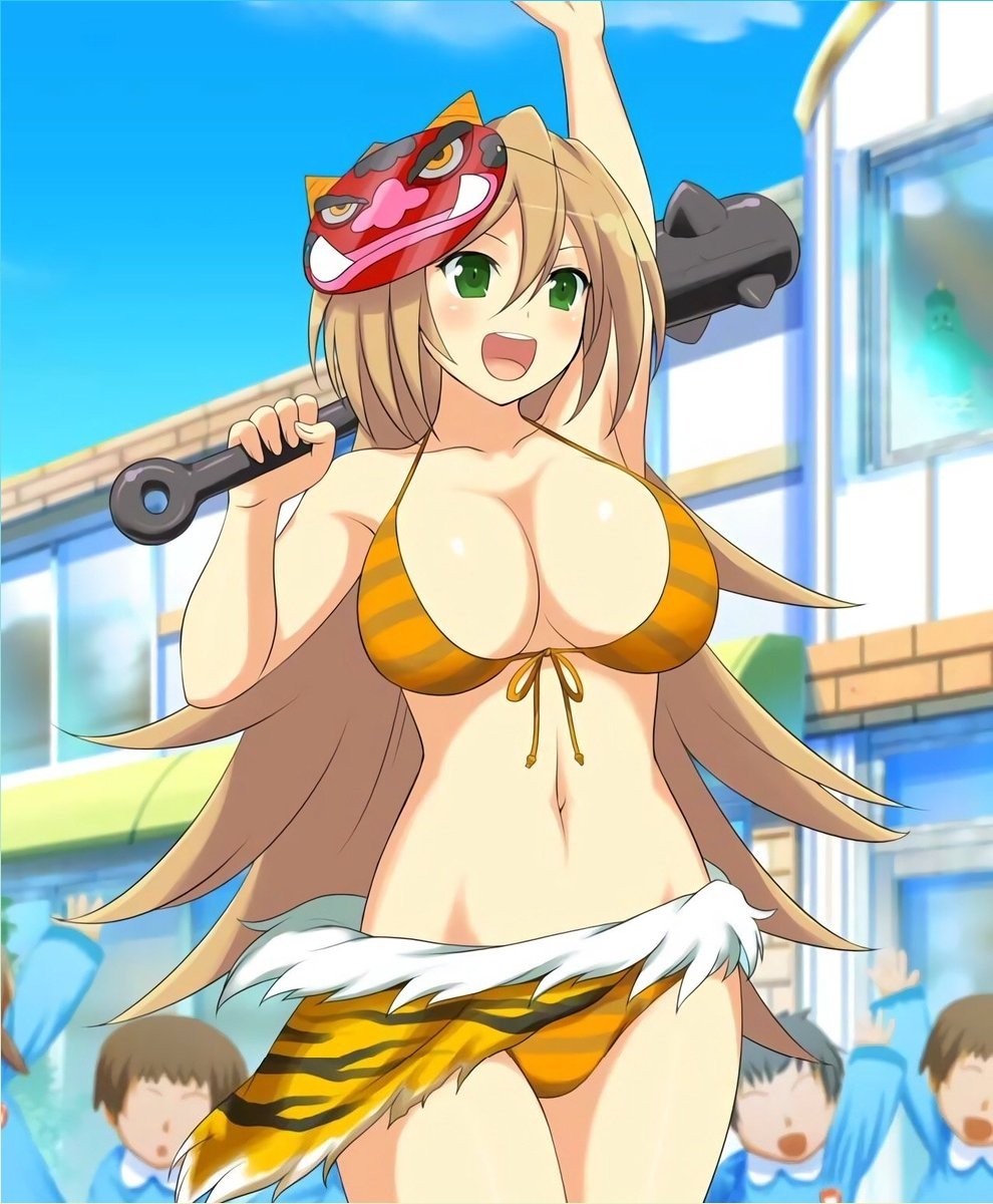 1girl animal_print arm_up bikini blue_sky blush breasts child cleavage cloud club_(weapon) collarbone crowd day faceless front-tie_bikini_top front-tie_top green_eyes groin hand_up highres holding holding_club holding_weapon horns kanabou karasu_(senran_kagura) kindergarten kindergarten_uniform large_breasts light_brown_hair linea_alba long_hair mask mask_on_head navel official_art oni oni_costume oni_horns oni_mask open_mouth over_shoulder pelt senran_kagura senran_kagura_new_wave skirt sky smile spiked_club striped striped_bikini swimsuit teeth tiger_pelt tiger_print tiger_stripes tongue upper_teeth_only weapon weapon_over_shoulder window yaegashi_nan