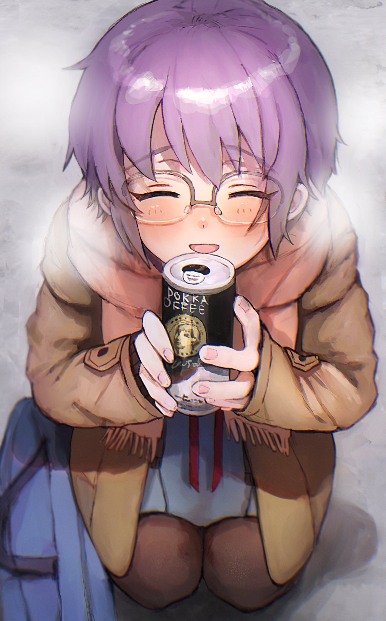 1girl bad_id bad_twitter_id bag blue_skirt blush can canned_coffee closed_eyes coat drink highres holding holding_can holding_drink kita_high_school_uniform long_sleeves nagato_yuki open_clothes open_coat open_mouth pink_scarf purple_hair red_ribbon ribbon scarf school_bag school_uniform short_hair skirt smile solo suzumiya_haruhi_no_shoushitsu suzumiya_haruhi_no_yuuutsu u_ik95 winter_uniform
