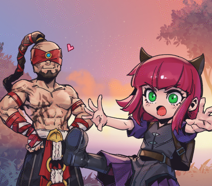 1boy 1girl abs animal_ears annie_(league_of_legends) bear_ears beard blindfold blunt_bangs closed_mouth facial_hair grass green_eyes heart league_of_legends lee_sin muscular muscular_male navel open_mouth outdoors phantom_ix_row ponytail red_hair short_hair short_sleeves sky smile topless_male tree