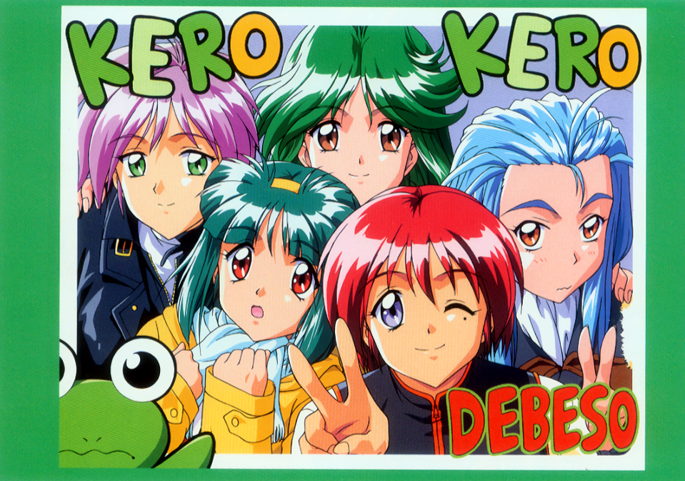 1990s_(style) 5girls asou_kasumi blue_eyes blue_hair border brown_eyes frog green_border green_eyes green_hair group_picture hand_on_another's_shoulder hinomoto_hikari kokura_masashi long_hair minazuki_kotoko mole mole_under_eye multiple_girls non-web_source official_art one_eye_closed pink_hair red_hair retro_artstyle sakura_kaedeko scarf short_hair smile tokimeki_memorial tokimeki_memorial_2 v yae_kaori