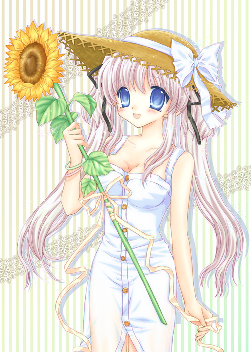 1girl 2000s_(style) :d archived_source bare_arms bare_shoulders black_ribbon blush bow bracelet breasts buttons cleavage collarbone dress drop_shadow flower grey_hair hair_between_eyes hair_ribbon hand_up hat hat_bow holding holding_flower jewelry leaf long_hair mabinogi medium_breasts nao_(mabinogi) official_alternate_costume open_mouth ribbon shararan sidelocks smile solo straw_hat striped striped_background sunflower twintails very_long_hair white_bow white_dress yellow_flower yellow_headwear