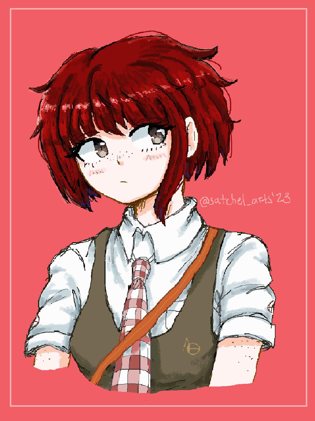 1girl averting_eyes blush body_freckles breasts brown_dress brown_eyes close-up closed_mouth cropped_arms cropped_torso danganronpa_(series) danganronpa_2:_goodbye_despair dress dress_shirt expressionless freckles gingham_necktie hair_strand highres instagram_username koizumi_mahiru light_frown looking_to_the_side medium_breasts messy_hair microsoft_paint_(medium) necktie oekaki pinafore_dress pink_background portrait red_hair red_necktie satchel_arts school_uniform shirt short_hair short_sleeves simple_background sketch sleeveless sleeveless_dress solo strap two-tone_necktie white_necktie white_shirt