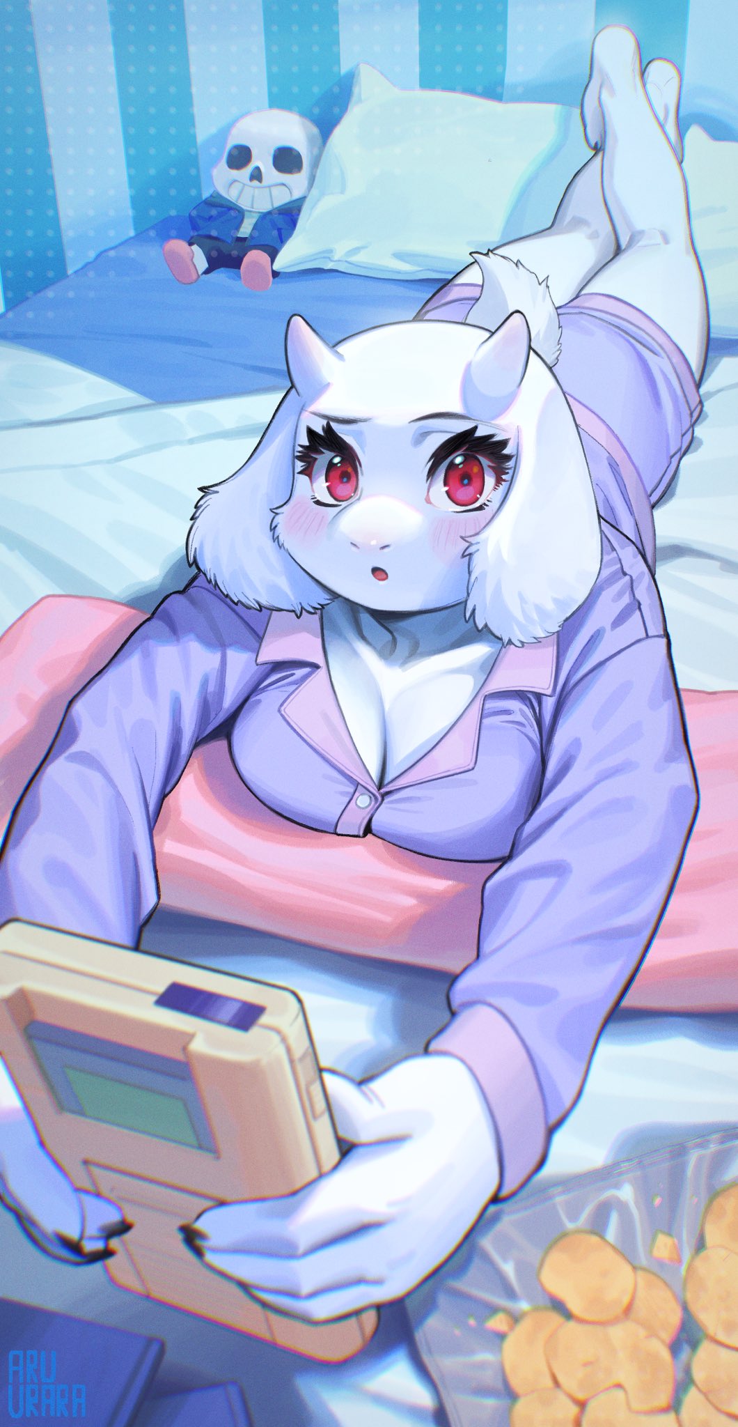 anthro aruurara bed blush boss_monster bovid breasts caprine chips_(food) cleavage clothed clothing female food fur furniture game_boy game_boy_family hi_res looking_at_viewer looking_confused lying lying_on_bed mammal nintendo on_bed pajamas plushie potato_chips red_eyes sans_(undertale) solo toriel undertale undertale_(series) white_body white_fur