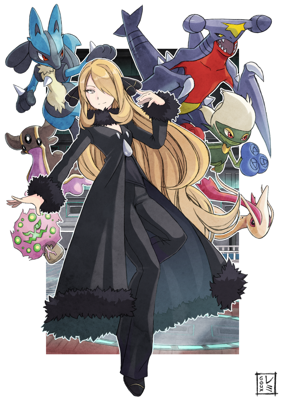 1girl black_coat black_footwear black_pants blonde_hair closed_mouth coat cynthia_(pokemon) fur-trimmed_coat fur_collar fur_trim garchomp gastrodon grey_eyes hair_ornament hair_over_one_eye highres long_hair long_sleeves lucario milotic outside_border outstretched_arm pants pokemon pokemon_(creature) pokemon_(game) pokemon_dppt remy_goux roserade signature smile solo spiritomb v-neck wavy_hair