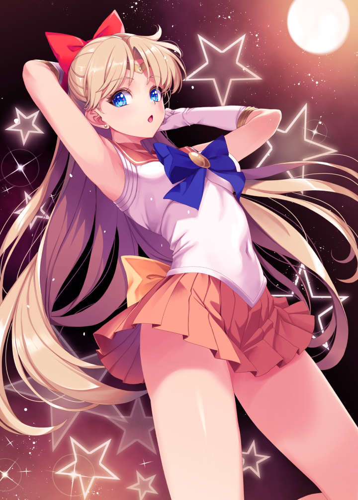 1girl aino_minako arm_behind_head armpits arms_up bishoujo_senshi_sailor_moon blonde_hair blue_eyes commentary_request covered_navel full_moon gloves inner_senshi kirishima_satoshi leotard long_hair magical_girl miniskirt moon night night_sky open_mouth orange_skirt outdoors pleated_skirt ribbon sailor_senshi sailor_venus skirt sky solo star_(sky) star_(symbol) starry_sky thighs tiara white_gloves white_leotard