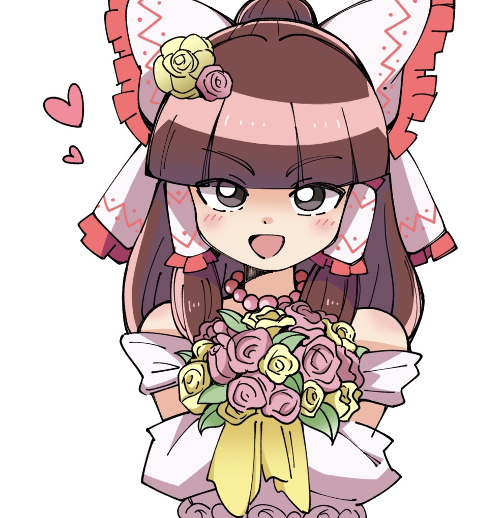 1girl alternate_costume bead_necklace beads black_eyes blunt_bangs blush bouquet bow bright_pupils brown_hair commentary_request cookie_(touhou) dress flower frilled_bow frilled_hair_tubes frills hair_bow hair_flower hair_ornament hair_tubes hakurei_reimu heart holding holding_bouquet jewelry long_hair looking_at_viewer medium_bangs necklace off-shoulder_dress off_shoulder open_mouth pink_flower pink_rose rose rurima_(cookie) sidelocks simple_background smile sn_(zigzagspark6) solo touhou upper_body wedding_dress white_background white_bow white_dress white_pupils yellow_flower yellow_rose