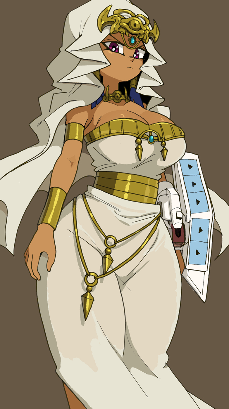 1girl breasts bright_pupils card cleavage closed_mouth dark-skinned_female dark_skin dress duel_disk egyptian_clothes frown gold hair_tubes highres ishizu_ishtar large_breasts looking_at_viewer millennium_necklace purple_eyes simple_background solo standing v-shaped_eyebrows white_dress white_pupils yu-gi-oh! yu-gi-oh!_duel_monsters yuta_agc