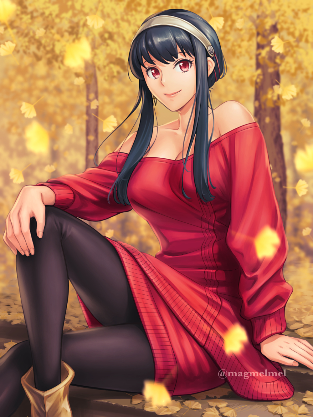 1girl black_hair black_pantyhose breasts cleavage closed_mouth hairband highres kinoeneko knee_up outdoors pantyhose red_eyes red_sweater sitting smile solo spy_x_family sweater tree white_hairband yor_briar
