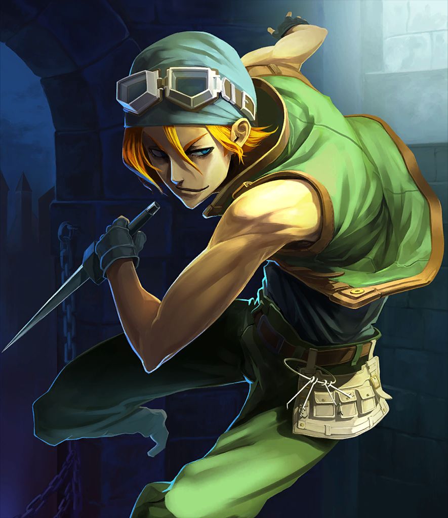 1boy artist_request bandana bare_arms belt black_shirt blonde_hair blue_bandana blue_eyes brown_belt chain dagger fingerless_gloves gloves goggles goggles_on_headwear green_pants green_vest hair_between_eyes holding holding_dagger holding_knife holding_weapon keyring knife looking_to_the_side male_focus official_art pants shingeki_no_bahamut shirt sleeveless smile thief_(shingeki_no_bahamut) third-party_source vest weapon