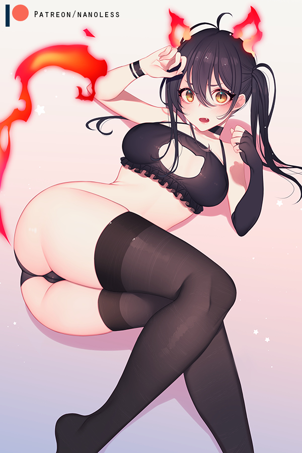 1girl animal_ears ass black_bra black_gloves black_hair black_panties black_thighhighs blush bra breasts cameltoe cat_cutout cat_ears cat_lingerie cat_tail cleavage_cutout clothing_cutout elbow_gloves en'en_no_shouboutai fang fiery_ears fiery_tail fingerless_gloves fire gloves hair_between_eyes large_breasts looking_at_viewer lying meme_attire nanoless open_mouth panties patreon_username simple_background single_elbow_glove solo tail tamaki_kotatsu thighhighs twintails underwear variant_set yellow_eyes