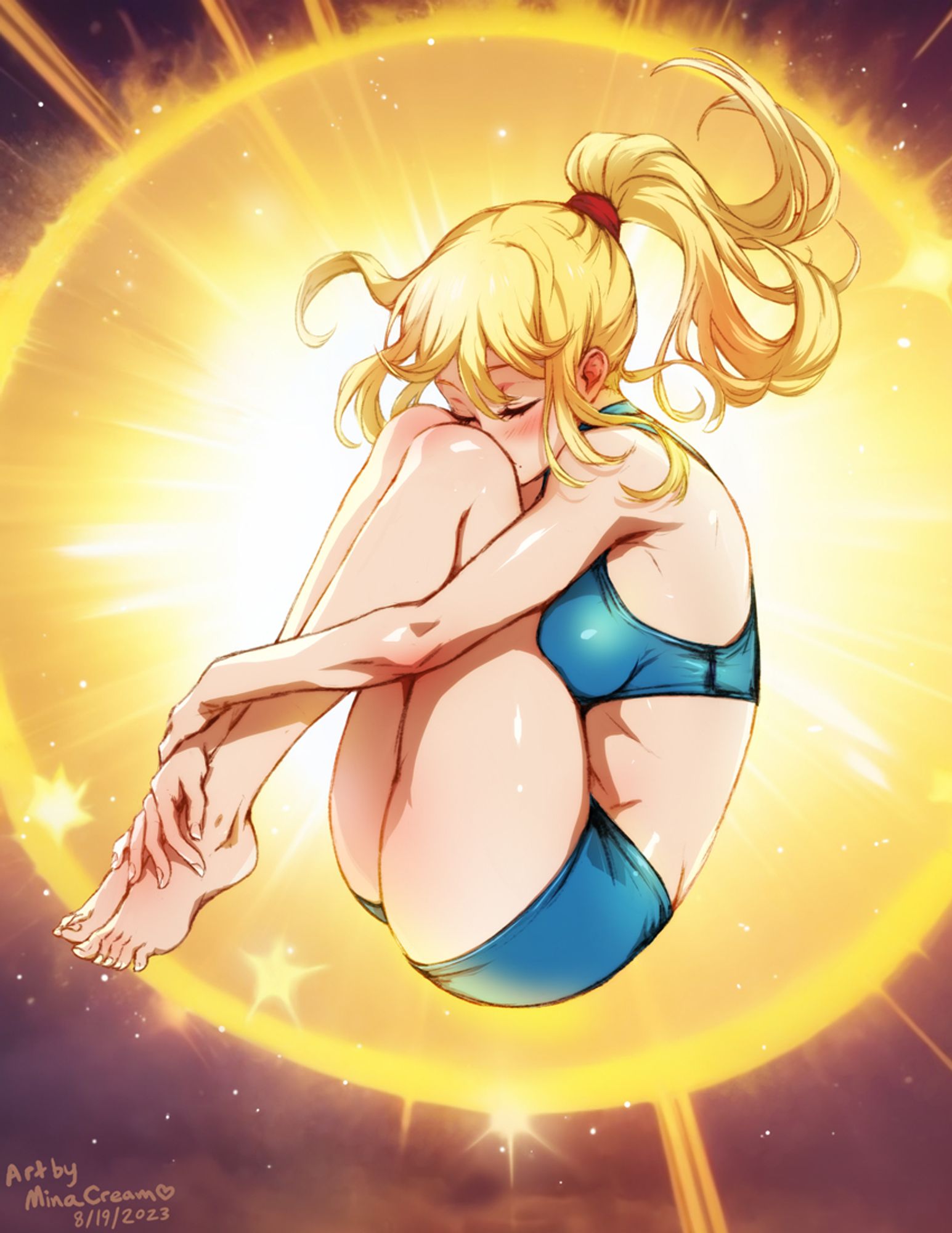1girl bare_arms bare_legs barefoot blonde_hair blue_sports_bra blush breasts closed_eyes crop_top english_commentary feet fetal_position folded full_body gameplay_mechanics high_ponytail highres knees_up legs legs_together long_hair medium_breasts metroid mina_cream samus_aran short_shorts shorts solo sports_bra super_metroid thighs toenails toes