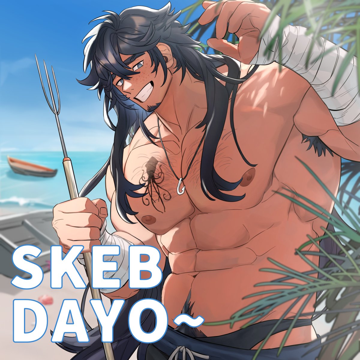 1boy abs armpit_hair bandaged_arm bandages bara beach blue_hair blue_pants blue_sky boat bulge chest_hair chest_tattoo commission dark_blue_hair facial_hair fisherman freckles goatee gradient_hair grin harpoon head_tilt highres holding jewelry large_pectorals long_hair looking_at_viewer male_focus male_swimwear mature_male multicolored_hair muscular muscular_male navel navel_hair necklace nipples octopus_tattoo original pants pectorals plant shell shore skeb_commission sky smile solo stomach sunlight swim_briefs swimsuit swimsuit_under_clothes takayakaiti_(tk049ccn) tattoo thick_eyebrows topless_male watercraft waving white_background