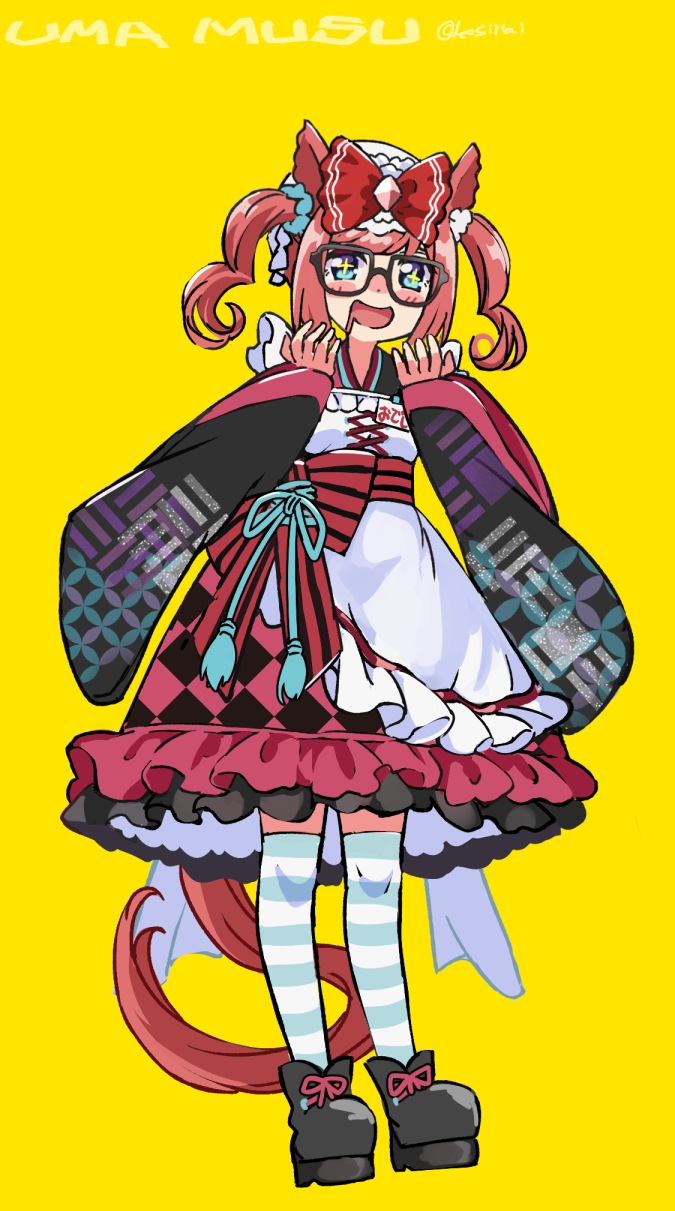 +_+ agnes_digital_(umamusume) alternate_costume animal_ears bespectacled blush bow enmaided full_body glasses hair_bow hair_ornament highres horse_ears horse_girl horse_tail kingin long_sleeves looking_at_viewer maid medium_hair open_mouth ribbon saliva shoes simple_background standing tail thighhighs umamusume