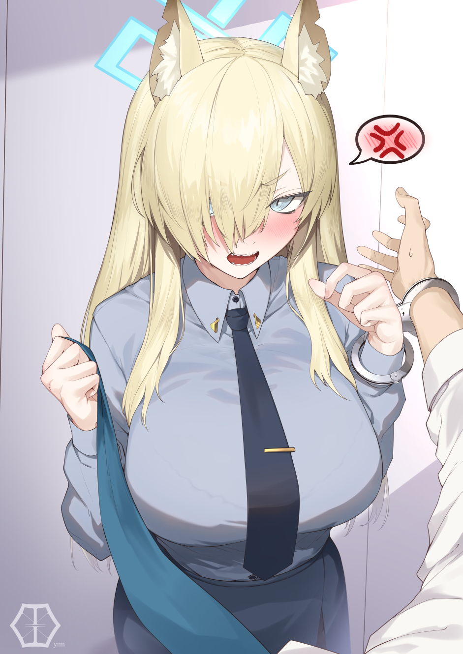 1girl animal_ear_fluff animal_ears bangs black_skirt blonde_hair blue_archive blue_eyes blush breasts collared_shirt cuffs grey_shirt hair_over_one_eye halo handcuffs highres kanna_(blue_archive) large_breasts long_hair long_sleeves looking_at_viewer necktie open_mouth sharp_teeth shirt skirt solo_focus teeth yaman