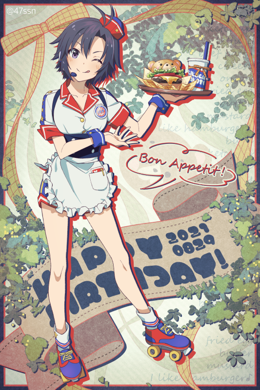 1girl antenna_hair apron bear black_corset black_eyes black_hair blue_wrist_cuffs blush breasts brown_ribbon burger cheese collarbone corset cup disposable_cup dot_nose drinking_straw food frilled_apron frills full_body hands_up happy_birthday hat headset holding holding_tray idolmaster idolmaster_(classic) idolmaster_million_live! idolmaster_million_live!_theater_days kikuchi_makoto lettuce looking_at_viewer meat mini_hat mizu_(47ssn) one_eye_closed open_hand plant red_headwear ribbon roller_skates shirt short_hair short_sleeves shorts skates small_breasts smile socks solo speech_bubble standing striped striped_socks tomato tomato_slice tongue tongue_out tray twitter_username two-tone_footwear vines waist_apron white_apron white_shirt white_socks