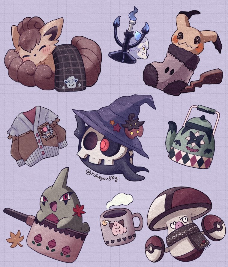 amoonguss animal_focus animal_print blanket blush buttons candle cleffa cooking_pot cup duskull fire fox ghost grid_background hat heart kettle larvitar litwick mimikyu mochopaccho mug mushroom no_humans open_mouth pokemon pokemon_(creature) pumpkaboo purple_background raised_eyebrows red_eyes scarf simple_background skull sleeping socks sweater twitter_username ursaluna vulpix witch_hat yellow_eyes