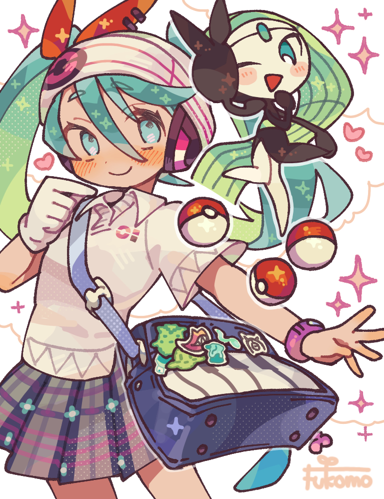 1girl aqua_hair artist_name bag bag_charm beanie blue_eyes blush blush_stickers bow charm_(object) commentary forehead_jewel fukomo gloves green_hair hair_bow hat hatsune_miku headphones heart long_hair meloetta meloetta_(aria) miniskirt music musical_note one_eye_closed open_mouth piano_print plaid plaid_skirt pleated_skirt poke_ball poke_ball_(basic) poke_ball_print pokemon pokemon_(creature) polo_shirt project_voltage psychic_miku_(project_voltage) red_bow shirt shoes shoulder_bag single_glove skirt smartwatch smile sneakers sparkle twintails unown unown_m vocaloid watch white_gloves white_shirt wristwatch