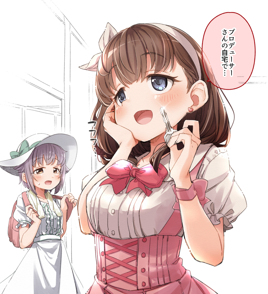 :d backpack bag blush bow breasts brown_eyes brown_hair center_frills collared_dress collared_shirt dress earrings frills grey_eyes grey_hair hair_ribbon hairband hands_up hat heart heart_earrings high-waist_skirt holding holding_key idolmaster idolmaster_cinderella_girls jewelry key koshimizu_sachiko medium_breasts pink_bow pink_skirt puffy_short_sleeves puffy_sleeves ribbon sakuma_mayu shirt short_sleeves skirt smile sun_hat sweat towel towel_around_neck translation_request white_dress white_hairband white_headwear white_ribbon white_shirt yukie_(kusaka_shi)