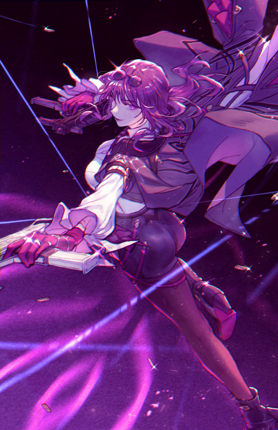 1girl ass black_shorts breasts closed_mouth commentary dual_wielding english_commentary eyewear_on_head faithom floating_hair gloves gun highres holding holding_gun holding_weapon honkai:_star_rail honkai_(series) jacket jacket_on_shoulders kafka_(honkai:_star_rail) large_breasts long_hair long_sleeves looking_back pantyhose purple_eyes purple_gloves purple_hair purple_pantyhose round_eyewear shirt shorts smile solo sunglasses weapon white_shirt