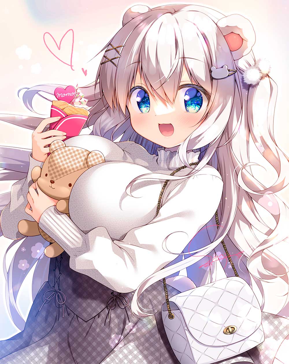 1girl :d animal_ears bag bear_ears bear_girl bear_hair_ornament bear_tail blue_eyes breasts commentary_request crepe food grey_skirt hair_between_eyes hair_ornament hairclip handbag heart highres holding holding_food holding_stuffed_toy large_breasts long_sleeves original plaid plaid_skirt puffy_long_sleeves puffy_sleeves sasai_saji shirt shoulder_bag skirt smile solo stuffed_animal stuffed_toy tail teddy_bear two_side_up white_hair white_shirt x_hair_ornament