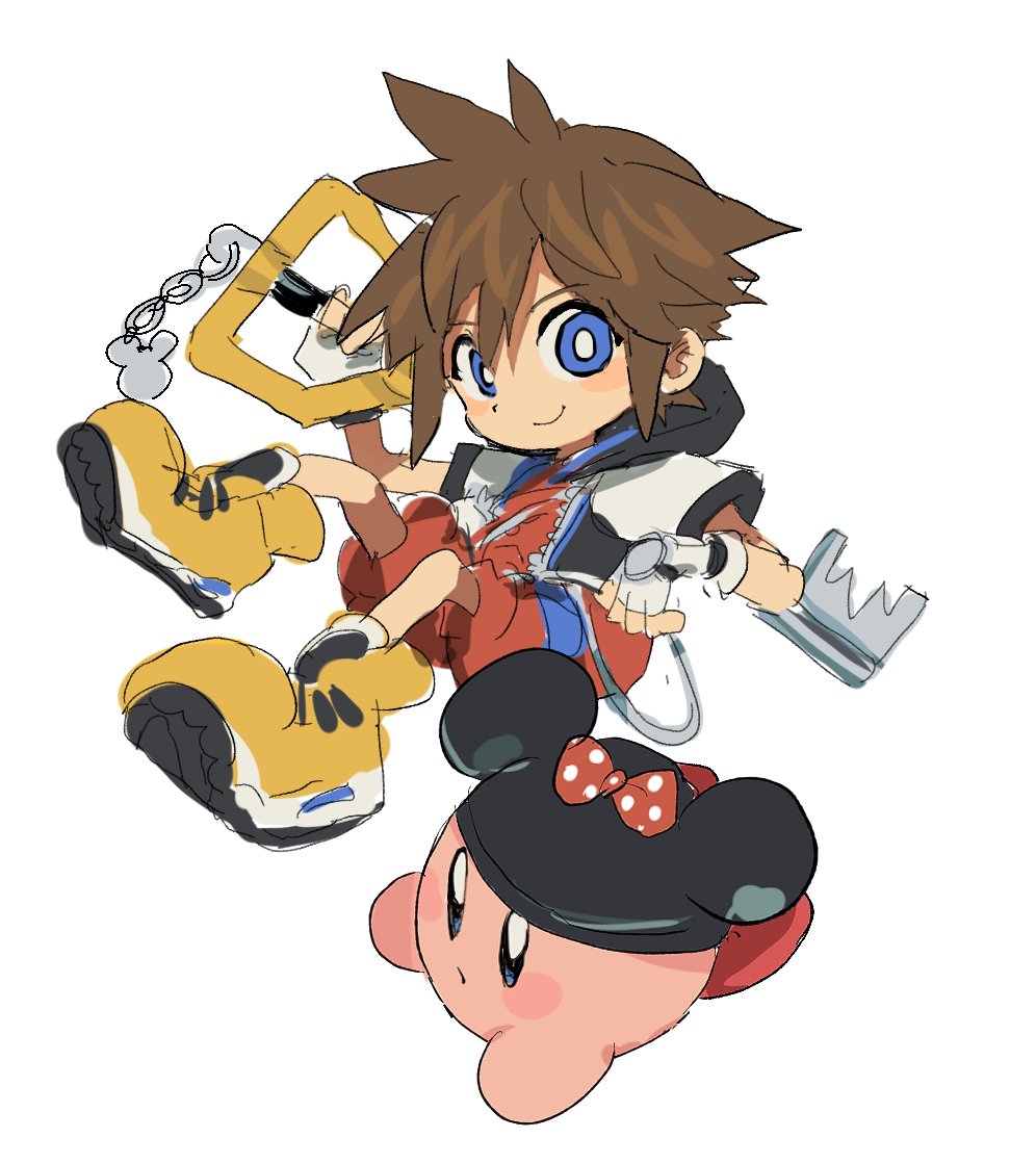 1boy :o blue_eyes brown_hair chain chibi chirko_0326 cosplay cropped_jacket fingerless_gloves gloves holding holding_weapon hood hooded_jacket jacket jewelry jumpsuit keyblade kingdom_hearts kirby kirby_(series) male_focus messy_hair mickey_mouse_ears minnie_mouse minnie_mouse_(cosplay) necklace nt_26 open_clothes open_jacket over_shoulder red_jumpsuit shoes short_hair short_jumpsuit short_sleeves smile super_smash_bros. weapon weapon_over_shoulder white_background white_gloves white_jacket yellow_footwear