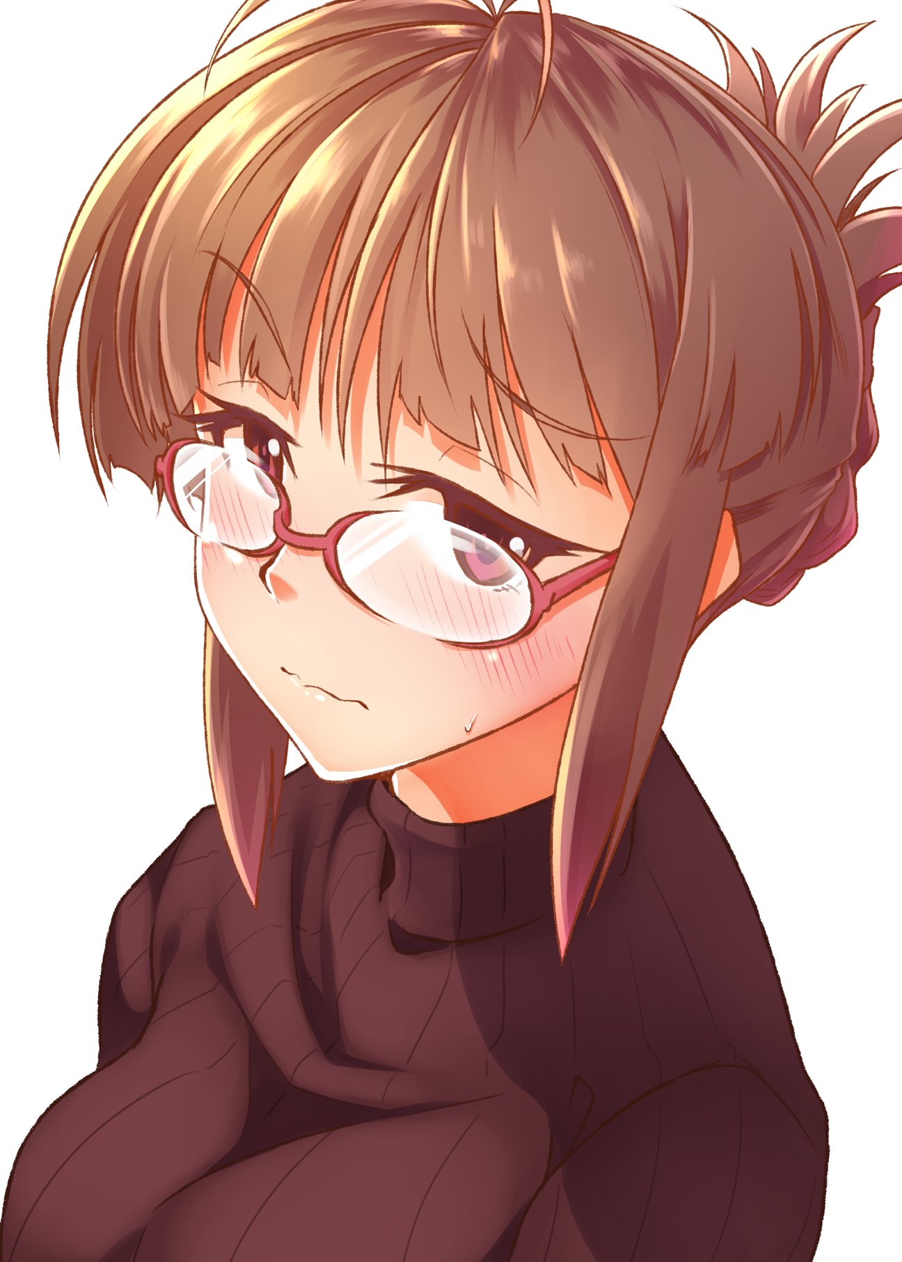 1girl akizuki_ritsuko antenna_hair blush breasts brown_eyes brown_hair brown_sweater folded_ponytail from_side glasses hadaka_megane highres idolmaster idolmaster_(classic) idolmaster_1 idolmaster_million_live! idolmaster_million_live!_theater_days large_breasts looking_at_viewer pink-framed_eyewear portrait short_hair shy simple_background solo striped sweatdrop sweater turtleneck turtleneck_sweater wavy_mouth white_background