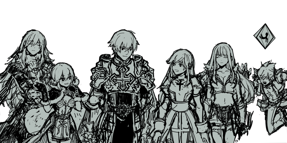 3boys 3girls armor assassin_cross_(ragnarok_online) belt blunt_bangs breastplate breasts cape cecil_damon chainmail cleavage closed_eyes closed_mouth commentary_request cowboy_shot crop_top cross dress eremes_guile fur-trimmed_cape fur-trimmed_gloves fur_trim gauntlets gloves greyscale hair_between_eyes high_priest_(ragnarok_online) high_wizard_(ragnarok_online) hime_cut howard_alt-eisen juliet_sleeves kathryne_keyron kusabi_(aighe) long_bangs long_hair long_sleeves looking_at_another lord_knight_(ragnarok_online) margaretha_sorin medium_bangs medium_breasts midriff monochrome multiple_boys multiple_girls navel open_mouth pants pauldrons puffy_sleeves ragnarok_online sash seyren_windsor short_hair shorts shoulder_armor sidelocks simple_background small_breasts smile sniper_(ragnarok_online) spiked_gauntlets swept_bangs tabard tripping whitesmith_(ragnarok_online)