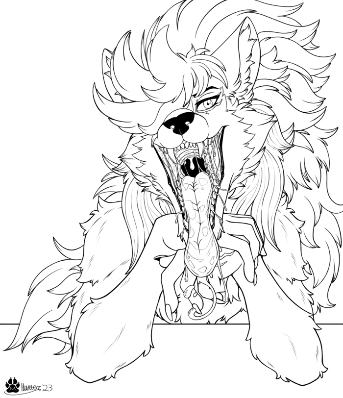 2023 anthro bodily_fluids canid canine canis claws crossed_arms drooling duel_monster fangs folgo_justice_fur_hire fur hair imminent_vore inner_ear_fluff looking_at_viewer male mammal mouth_shot on_counter one_eye_obstructed open_mouth saliva saliva_on_tongue saliva_string signature solo teeth tongue tongue_out tuft wolf yu-gi-oh!