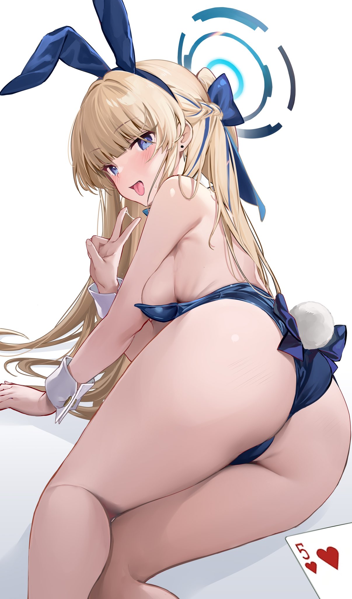 1girl animal_ears ass back backless_leotard bare_back bare_legs bare_shoulders blonde_hair blue_archive blue_eyes blue_leotard bow braid breasts fake_tail feet_out_of_frame from_behind hair_bow hand_up highres kikimi legs leotard long_hair looking_at_viewer looking_back multicolored_hair no_legwear official_alternate_costume open_mouth playboy_bunny rabbit_ears rabbit_tail saliva saliva_trail small_breasts smile solo strapless strapless_leotard streaked_hair tail thighs toki_(blue_archive) toki_(bunny)_(blue_archive) tongue tongue_out v very_long_hair wrist_cuffs