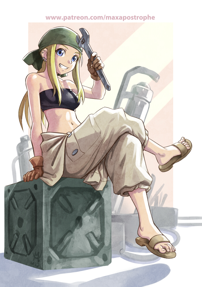 1girl black_tube_top blonde_hair blue_eyes brown_gloves crossed_legs earclip feet fullmetal_alchemist gloves grin head_scarf holding holding_wrench looking_at_viewer maxa' navel sandals sitting smile solo strapless toenails toes tube_top winry_rockbell wrench
