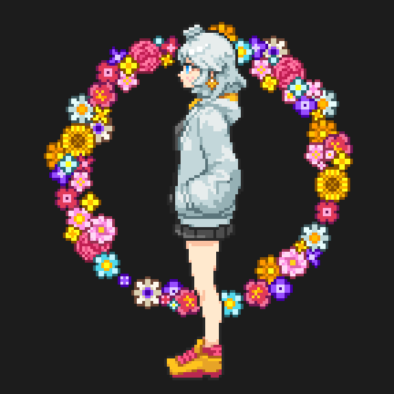 1girl black_skirt blue_eyes blush earrings flower full_body hood hoodie jewelry medium_hair original pixel_art pleated_skirt shibairo skirt solo star_(symbol) star_earrings white_hair white_hoodie yellow_footwear