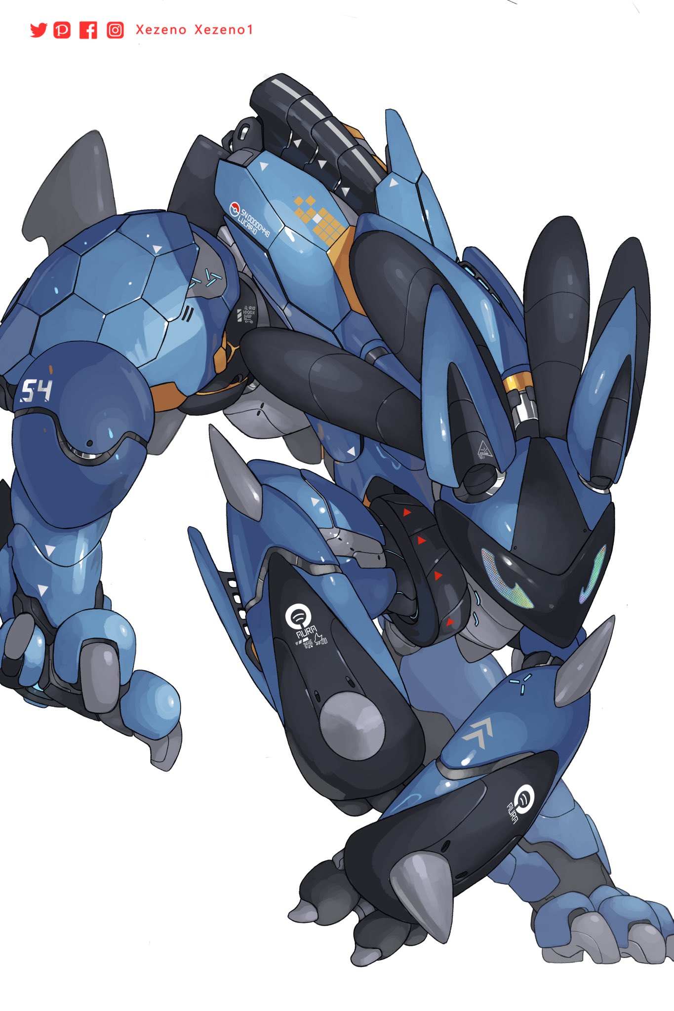 animal_focus artist_name blue_eyes commentary english_commentary facebook_logo facebook_username full_body highres hunched_over instagram_logo instagram_username lucario mecha mecha_focus mechanization multicolored_eyes no_humans pixiv_logo pixiv_username pokemon pokemon_(creature) rainbow_eyes robot simple_background slit_pupils solo standing twitter_logo twitter_username white_background xezeno