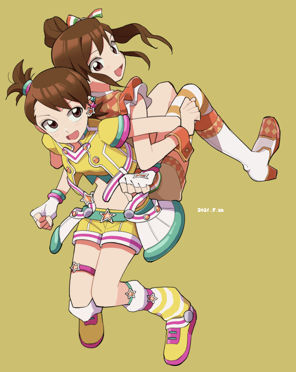 2girls asymmetrical_legwear back-to-back birthday blush boots brown_eyes brown_hair crop_top dated earrings fingerless_gloves futami_ami futami_mami gloves hair_ribbon highres idolmaster idolmaster_(classic) idolmaster_million_live! idolmaster_million_live!_theater_days jewelry long_hair looking_at_another midriff multiple_girls open_mouth orange_shorts ribbon short_hair short_sleeves shorts siblings side_ponytail simple_background sisters smile star_(symbol) star_earrings tarako_oniyon thigh_strap twins uneven_legwear white_gloves wrist_cuffs yellow_background yellow_shorts