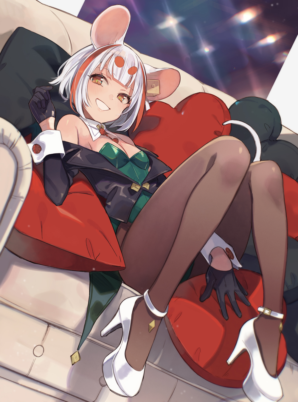 1girl animal_ears bare_shoulders between_legs black_gloves black_jacket breasts brown_eyes brown_pantyhose commentary_request couch gloves green_leotard grey_hair grin half_gloves hand_between_legs heart heart_pillow high_heels highres jacket leotard long_sleeves looking_at_viewer mouse_ears multicolored_hair off_shoulder on_couch original pantyhose pillow red_hair shoes short_eyebrows short_hair small_breasts smile solo strapless strapless_leotard streaked_hair thick_eyebrows white_footwear yuko_(uc_yuk)