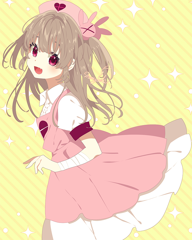 &gt;_&lt; 1girl :d apron bandaged_wrist bandages blush center_frills collared_dress commentary_request dress fang frills hair_ornament hat heart heart_print light_brown_hair long_hair looking_at_viewer mamyouda natori_sana nurse_cap open_mouth pink_apron pink_headwear puffy_short_sleeves puffy_sleeves rabbit_hair_ornament red_eyes sana_channel short_sleeves smile solo sparkle standing two_side_up virtual_youtuber white_dress yellow_background
