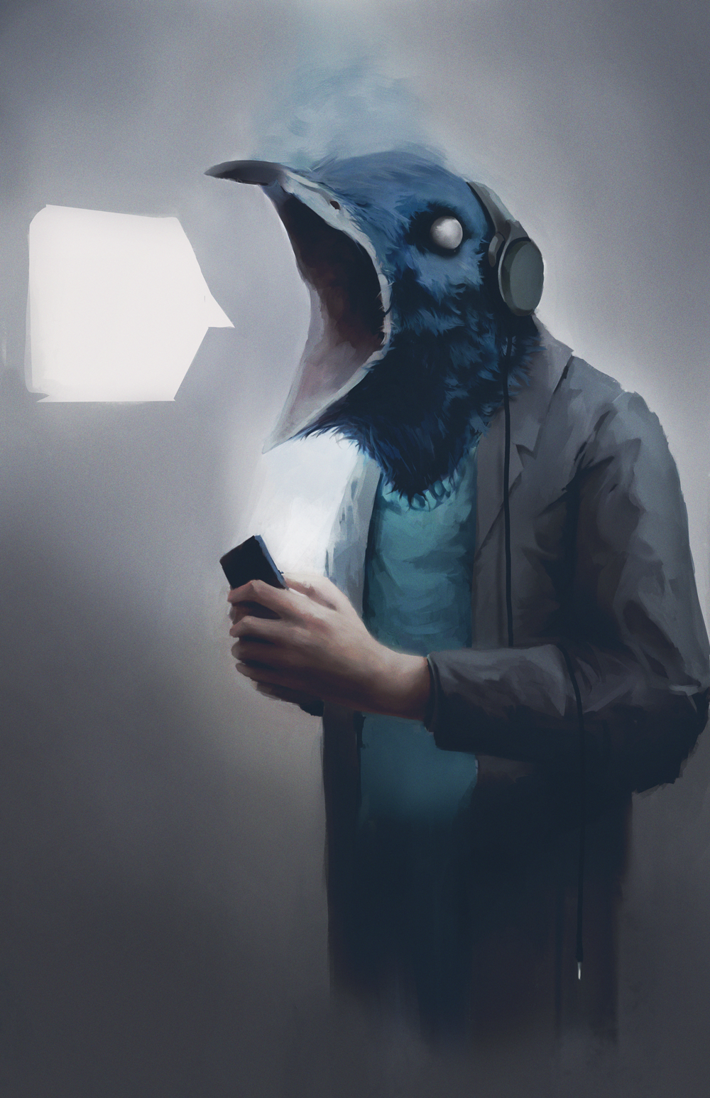 2017 animal_head ari_ibarra avian bird blue_body blue_clothing blue_feathers blue_shirt blue_topwear cellphone clothing detailed detailed_feathers empty_eyes feathers for_a_head front_view glowing_screen grey_background grey_clothing grey_eyes grey_jacket grey_topwear half-length_portrait headphones hi_res holding_cellphone holding_object holding_phone holding_smartphone jacket light_body light_skin male open_mouth phone phone_connector portrait shirt simple_background smartphone solo speech_bubble standing surreal topwear