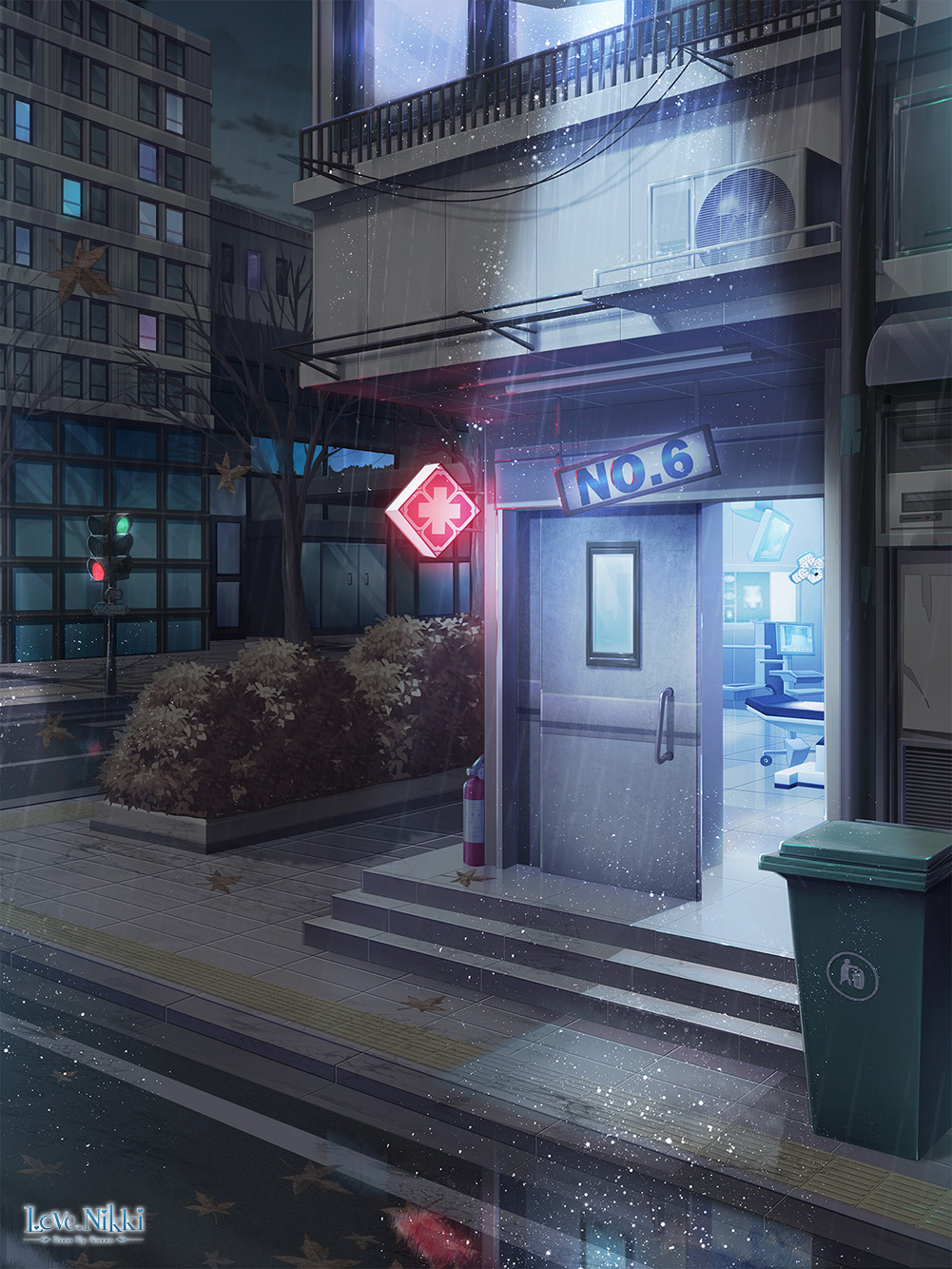 air_conditioner building bush clinic copyright_name dark door fire_extinguisher highres leaf miracle_nikki monitor night night_sky no_humans official_art outdoors rain sky traffic_light trash_can window