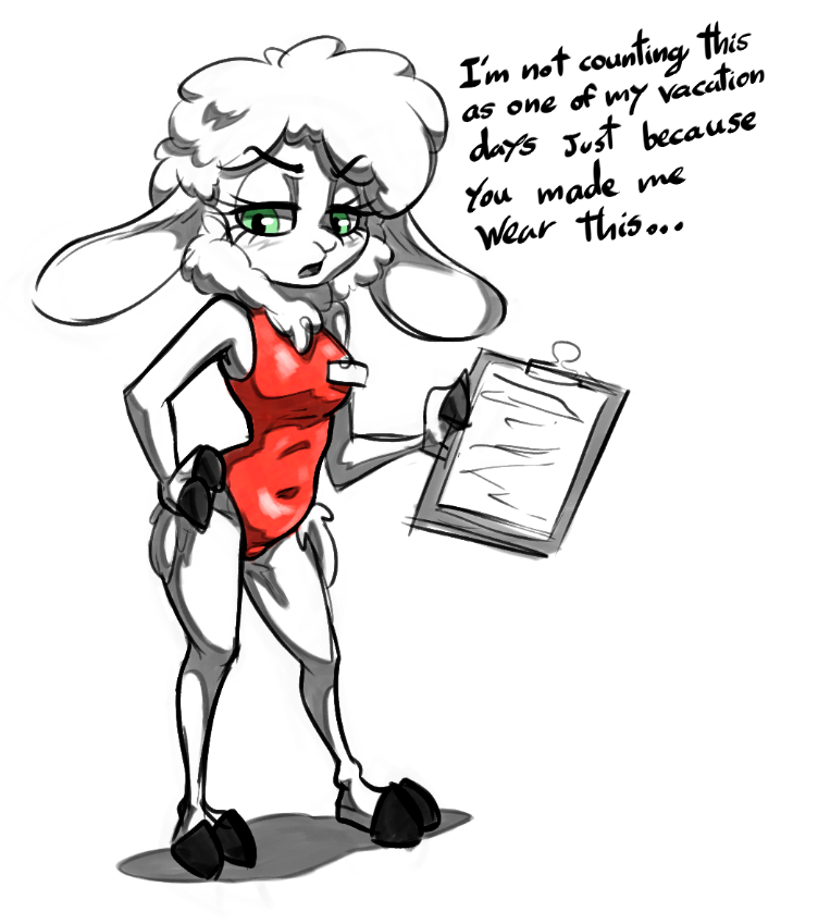 2023 anthro biped bovid breasts caprine clipboard clothing cloven_hooves dawn_bellwether disney english_text eyebrows female fingers floppy_ears fluffy fluffy_hair hair half-closed_eyes holding_clipboard holding_object hooved_fingers hooves mammal narrowed_eyes one-piece_swimsuit open_mouth red_clothing red_swimwear restricted_palette sheep simple_background solo soulcentinel speech_bubble standing swimwear text tight_clothing unguligrade white_background zootopia