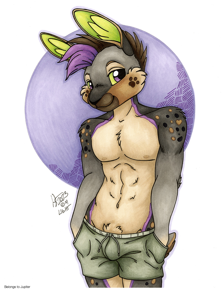 2023 anthro brown_hair clothed clothing fur green_body green_fur green_sclera grey_body grey_fur hair hare inner_ear_fluff lagomorph leporid looking_at_viewer male mammal michele_light multicolored_hair nipples purple_body purple_fur purple_hair smile solo tan_body tan_fur topless tuft two_tone_hair