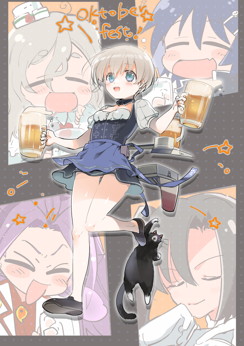 4girls alcohol apron beer beer_mug black_cat black_footwear black_hair blue_apron blue_eyes blue_hair blush breasts cat character_request closed_eyes cup fang foam fujii_rino german_clothes gloves grey_hair hair_between_eyes hair_ornament hairclip hat holding holding_cup jun'you_(kancolle) kantai_collection long_hair mug multiple_girls nachi_(kancolle) oktoberfest open_mouth pola_(kancolle) purple_hair shoes short_hair short_sleeves skin_fang small_breasts star_(symbol) waist_apron white_gloves z1_leberecht_maass_(kancolle)