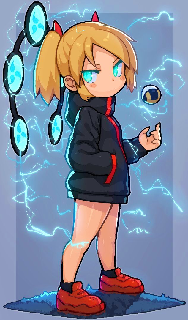 1girl bachera black_jacket black_socks blonde_hair blue_eyes blush_stickers closed_mouth electricity glowing glowing_eyes hair_ribbon hand_in_pocket hood hood_down hooded_jacket jacket loafers long_sleeves looking_at_viewer looking_to_the_side original pakky_(bachera) poke_ball pokemon puffy_long_sleeves puffy_sleeves red_footwear red_ribbon ribbon shoes socks solo standing twintails ultra_ball
