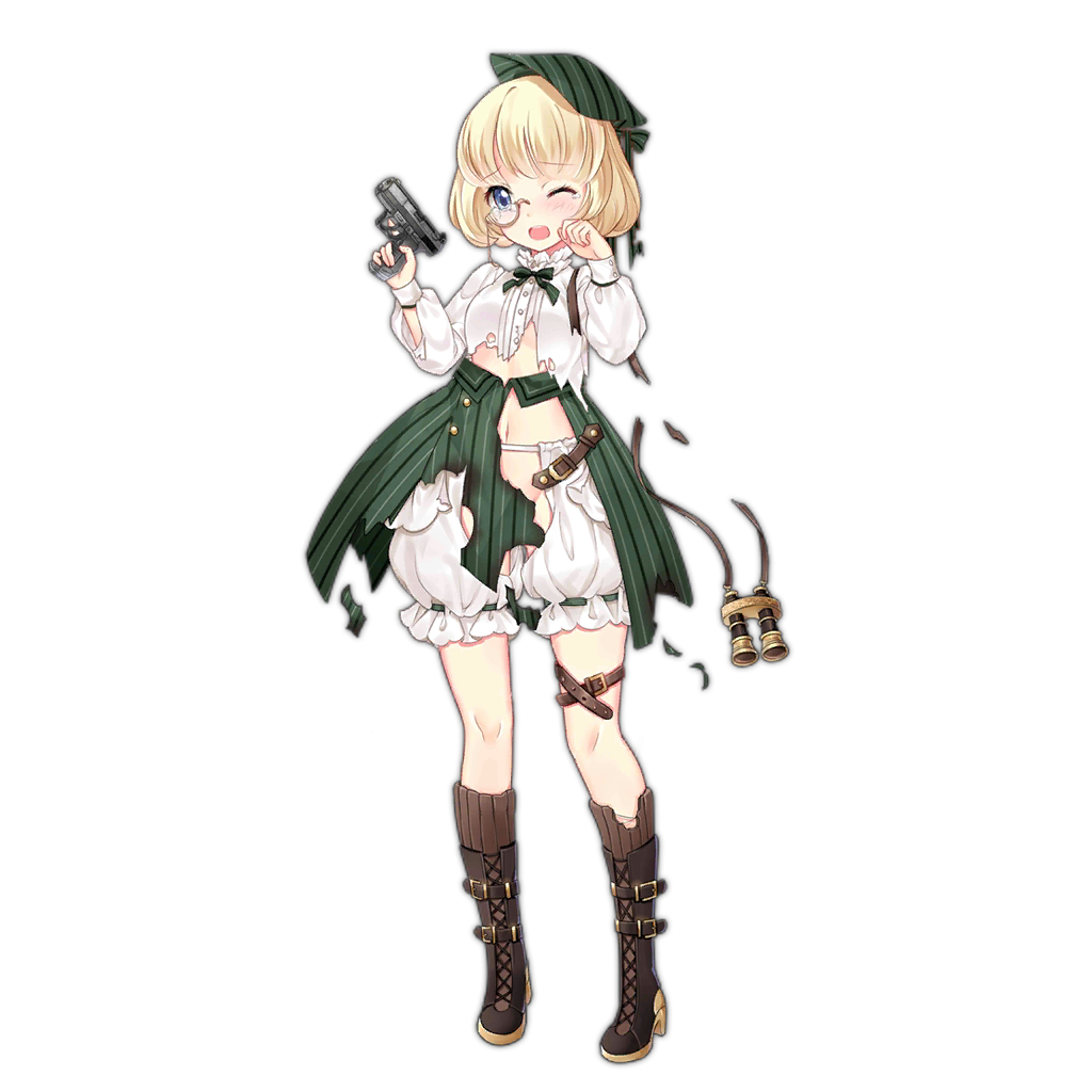 1girl arms_up binoculars blonde_hair bloomers blue_eyes blush bob_cut boots brown_footwear brown_socks clenched_hand colored_shoe_soles cracked_glass full_body girls'_frontline green_ribbon green_skirt gun handgun hat hat_ribbon holding holding_gun holding_weapon holster long_sleeves looking_at_viewer mana_(418208360) monocle monocle_chain neck_ribbon official_art one_eye_closed open_mouth p99_(girls'_frontline) puffy_long_sleeves puffy_sleeves ribbon ribbon-trimmed_bloomers semi-rimless_eyewear shirt short_hair simple_background skirt socks solo standing tears teeth thigh_holster torn_clothes torn_shirt torn_skirt torn_socks torn_straps transparent_background trigger_discipline underwear upper_teeth_only walther walther_p99 weapon white_bloomers white_shirt