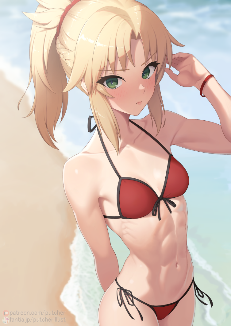 1girl abs beach bikini blonde_hair breasts closed_mouth collarbone fantia_username fate/grand_order fate_(series) green_eyes looking_at_viewer medium_breasts mordred_(fate) mordred_(swimsuit_rider)_(fate) muscular muscular_female ocean patreon_username ponytail putcher red_bikini short_hair side-tie_bikini_bottom solo swimsuit