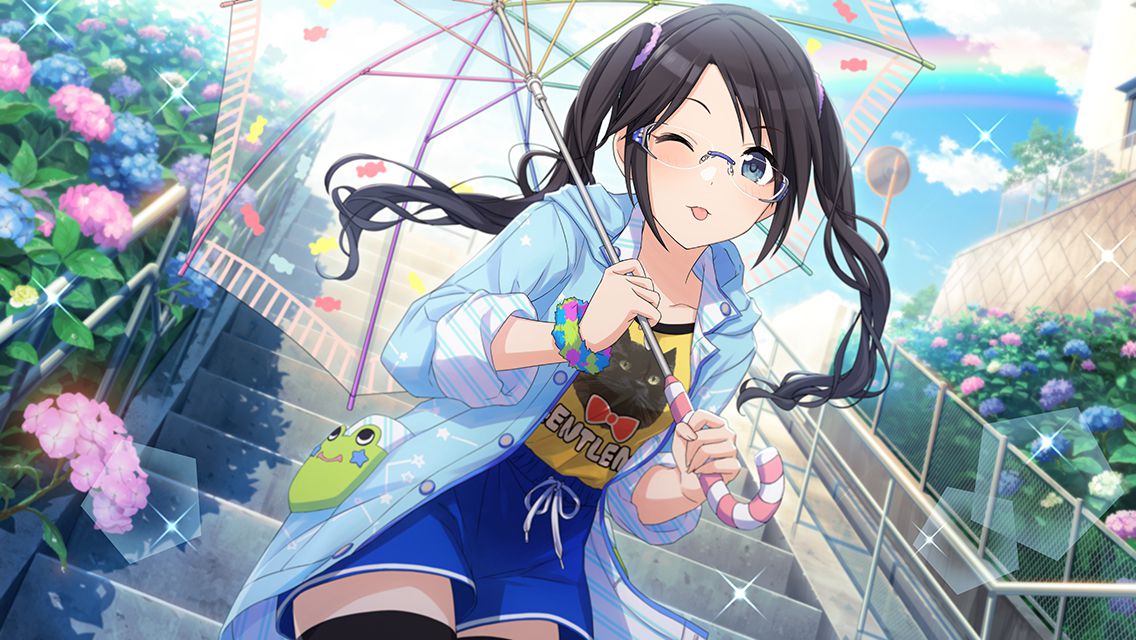1girl animal_print black_hair black_thighhighs blue_eyes blue_jacket blue_shorts blush breasts bush cat_print clothes_writing cloud collarbone commentary cowboy_shot day drawstring dutch_angle flower fur_bracelet game_cg glasses hair_tie holding holding_umbrella hydrangea idolmaster idolmaster_shiny_colors jacket long_hair looking_at_viewer mitsumine_yuika official_art one_eye_closed outdoors parted_bangs print_shirt rainbow rimless_eyewear shirt shirt_tucked_in shorts small_breasts solo sparkle stairs thighhighs tongue tongue_out transparent transparent_umbrella twintails umbrella yellow_shirt