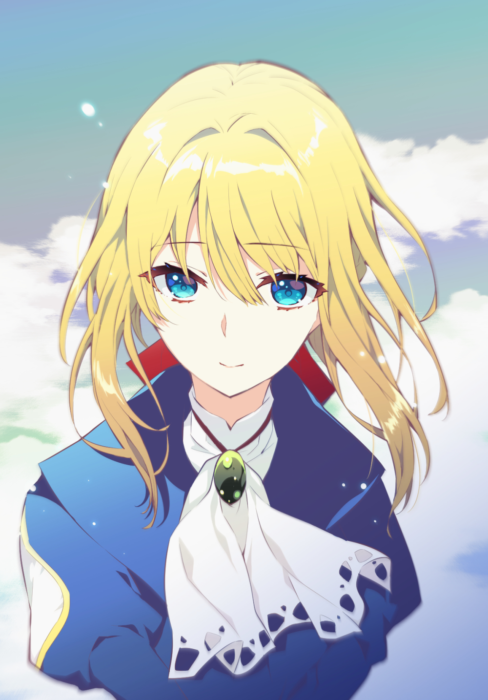 1girl ascot blonde_hair blue_eyes blue_shirt blue_sky close-up closed_mouth cloud commentary_request eyelashes floating_hair hair_between_eyes hair_intakes highres juliet_sleeves long_hair long_sleeves puffy_sleeves shirt sidelocks simple_background sky smile solo suzuragi_karin tsurime upper_body upturned_eyes v_arms violet_evergarden violet_evergarden_(series) white_ascot