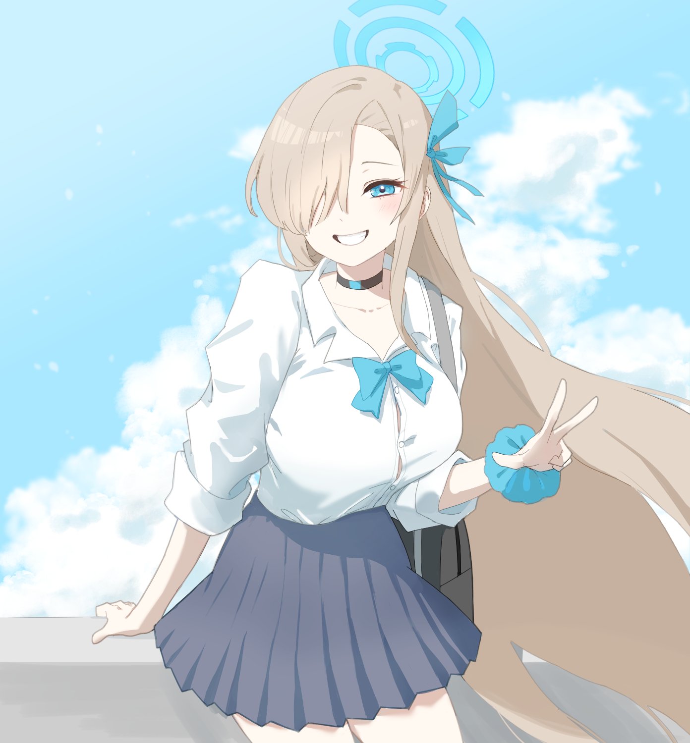 1girl asuna_(blue_archive) bag black_bag black_choker blue_archive blue_bow blue_bowtie blue_eyes blue_ribbon blue_sky blush bow bowtie breasts buttons cake_mogo choker cloud cloudy_sky collarbone collared_shirt day grey_skirt hair_over_one_eye hair_ribbon halo highres large_breasts light_brown_hair long_hair long_sleeves looking_at_viewer outdoors pleated_skirt ribbon shirt skirt sky smile solo standing teeth w white_shirt wrist_cuffs