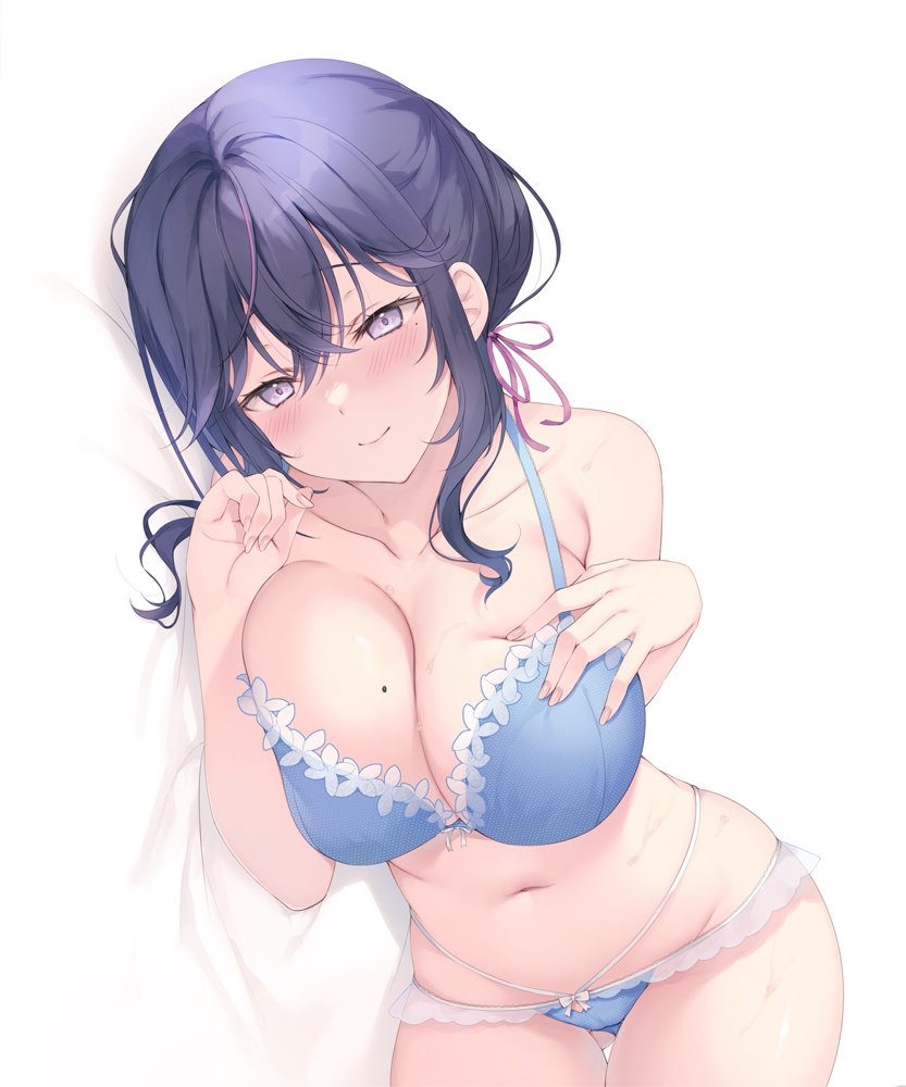 1girl aotsu_karin ass_visible_through_thighs bare_arms bed_sheet blue_bra blue_panties blush bra breasts cleavage closed_mouth collarbone commentary_request crossed_bangs hair_between_eyes hair_ribbon large_breasts looking_at_viewer lying mole mole_on_breast navel on_side original panties purple_eyes purple_hair ribbon simple_background smile solo stomach underwear underwear_only white_background