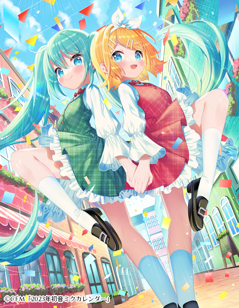 2girls :d aqua_hair black_footwear blonde_hair blue_eyes blue_sky brick_wall building closed_mouth cloud cloudy_sky commentary_request day door frilled_skirt frills green_skirt green_vest hair_between_eyes hair_ornament hair_ribbon hairband hairclip hatsune_miku ikari_(aor3507) kagamine_rin loafers long_hair long_sleeves multiple_girls outdoors pennant plaid plaid_skirt plaid_vest pleated_skirt puffy_long_sleeves puffy_sleeves red_skirt red_vest ribbon shirt shoes skirt sky smile socks standing standing_on_one_leg string_of_flags swept_bangs twintails very_long_hair vest vocaloid white_hairband white_ribbon white_shirt white_socks window