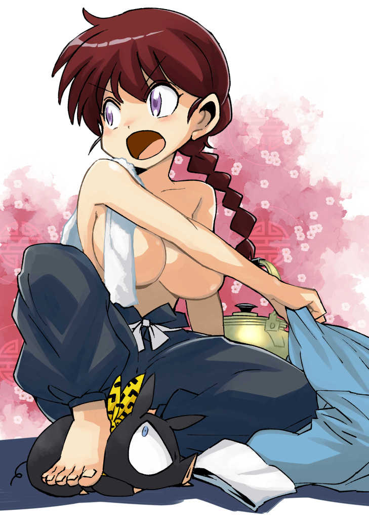 1girl animal barefoot braid breasts collarbone dark_red_hair grey_pants large_breasts long_hair muramasa_mikado open_mouth p-chan pants pig piglet purple_eyes ranma-chan ranma_1/2 red_hair single_braid sitting solo toenails topless towel_on_one_shoulder v-shaped_eyebrows white_towel